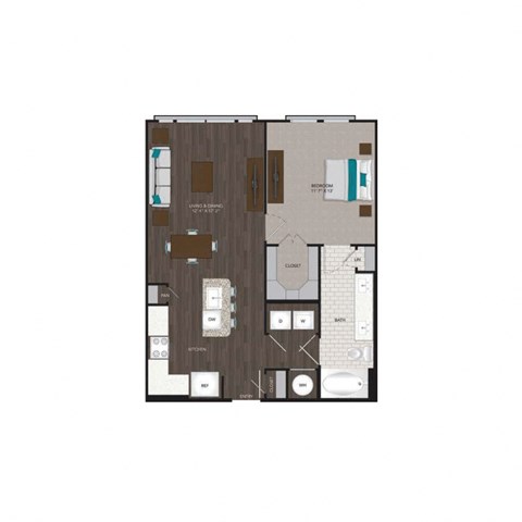 Floor plan for 1 bed, 1 bath, 756 sqft